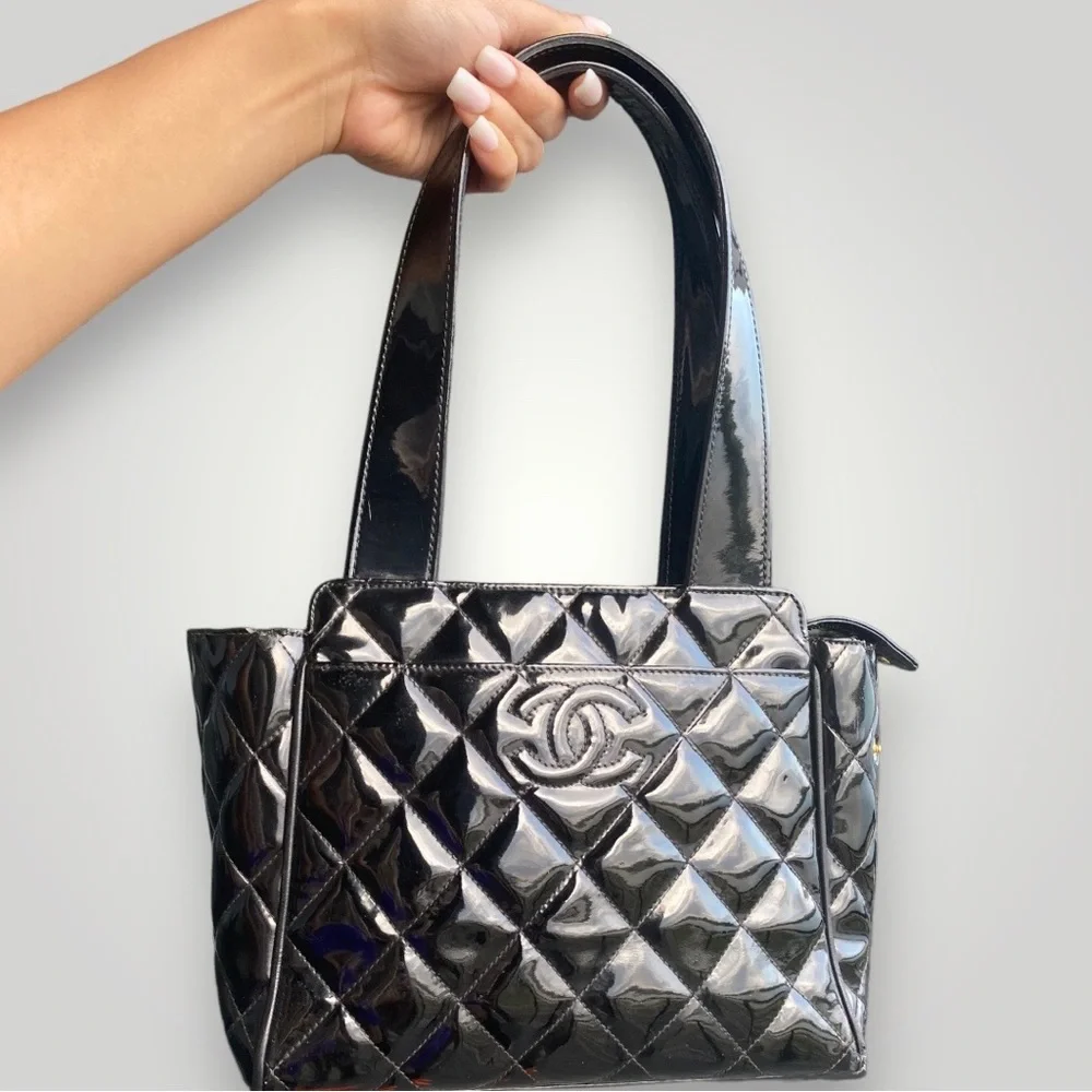 Chanel Black Patent Leather Diamond Quilt Mini Tote Bag